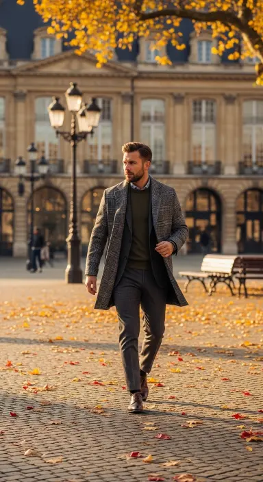 Checked Overcoat with Dress Pants