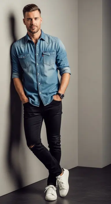 Denim Shirt with Black Jeans