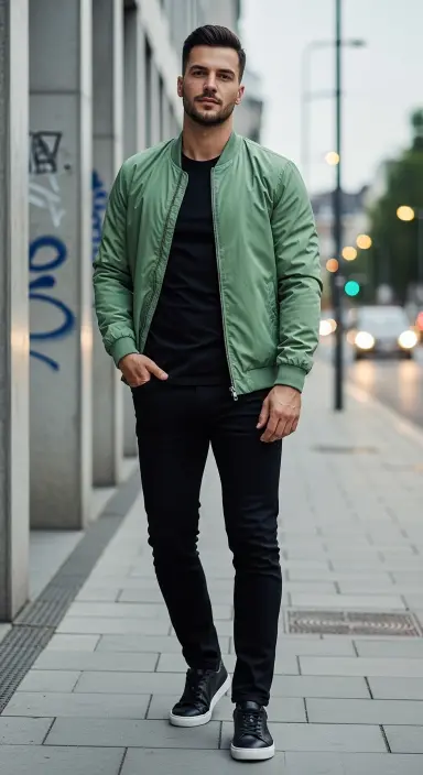 Matcha Bomber Jacket + Black Tee