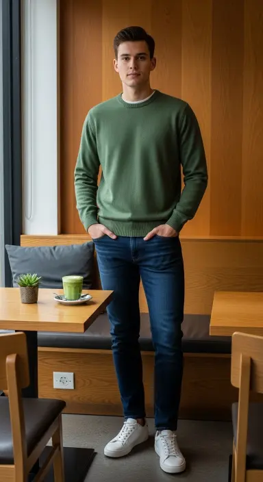 Matcha Crewneck + Dark Jeans