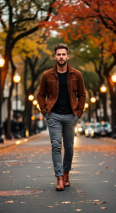 Suede Jacket with Grey Pants