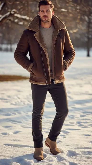 Shearling-Lined Jacket with Suede Boots