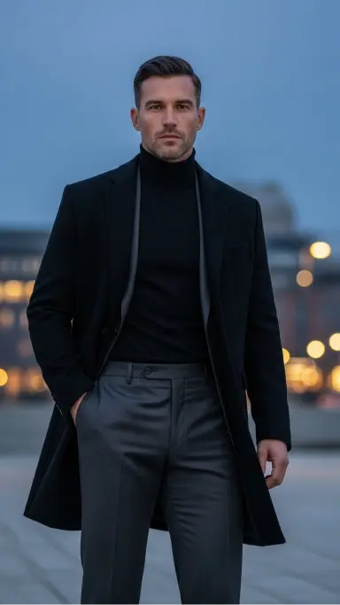 Black Turtleneck with Tailored Trousers