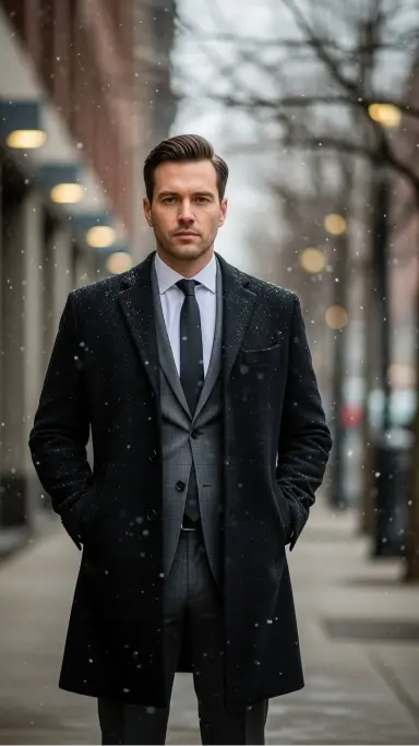 Grey Suit with a White Shirt and Black Coat