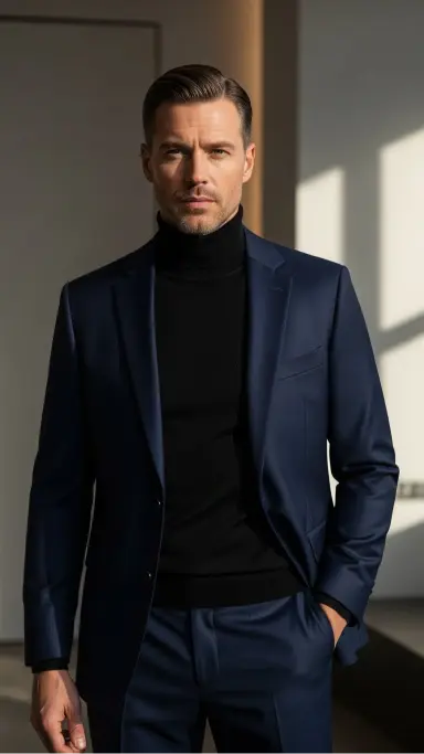 Navy Suit with a Turtleneck Sweater