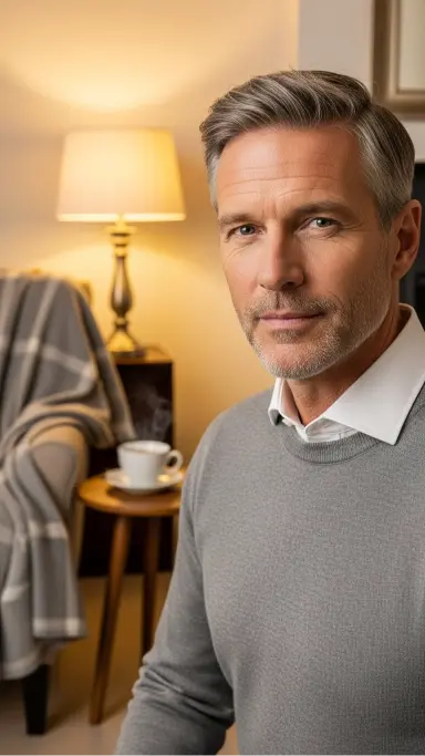 Neutral Sweaters Layered Over a Collared Shirt