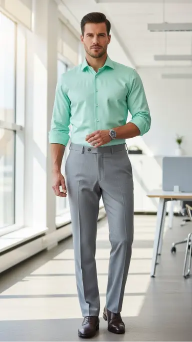 Pastel Formal Shirt with Neutral Trousers
