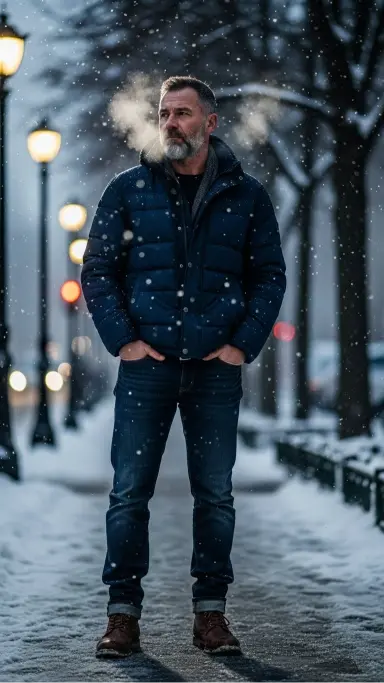 Puffer Jacket with Dark Denim and Boots