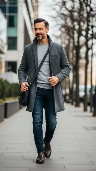 Wool Coat with a Clean Sweater and Dark Jeans